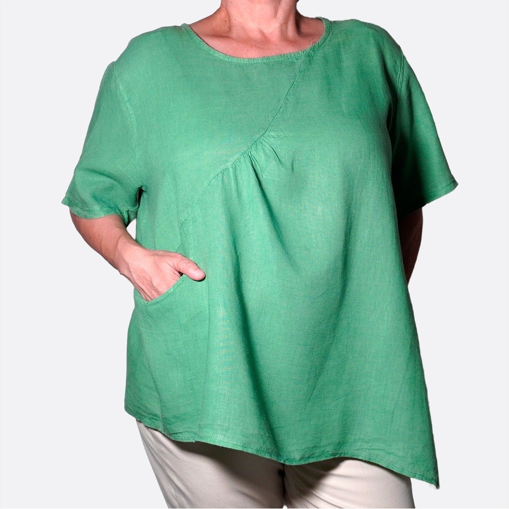 Saga Italy Green 100% Linen Asymmetric Lagenlook Pocket Blouse‎ Plus 2X XXL